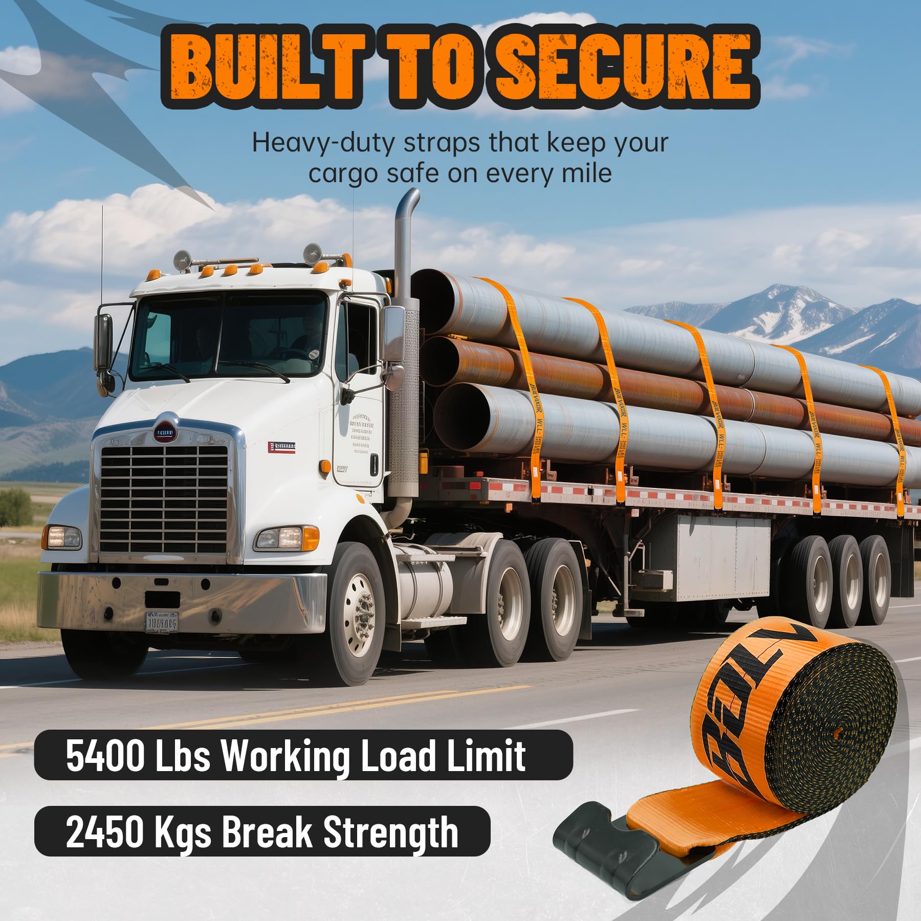 Bolvixor strap securing a load on a flatbed, showing reliable anchoring during transit