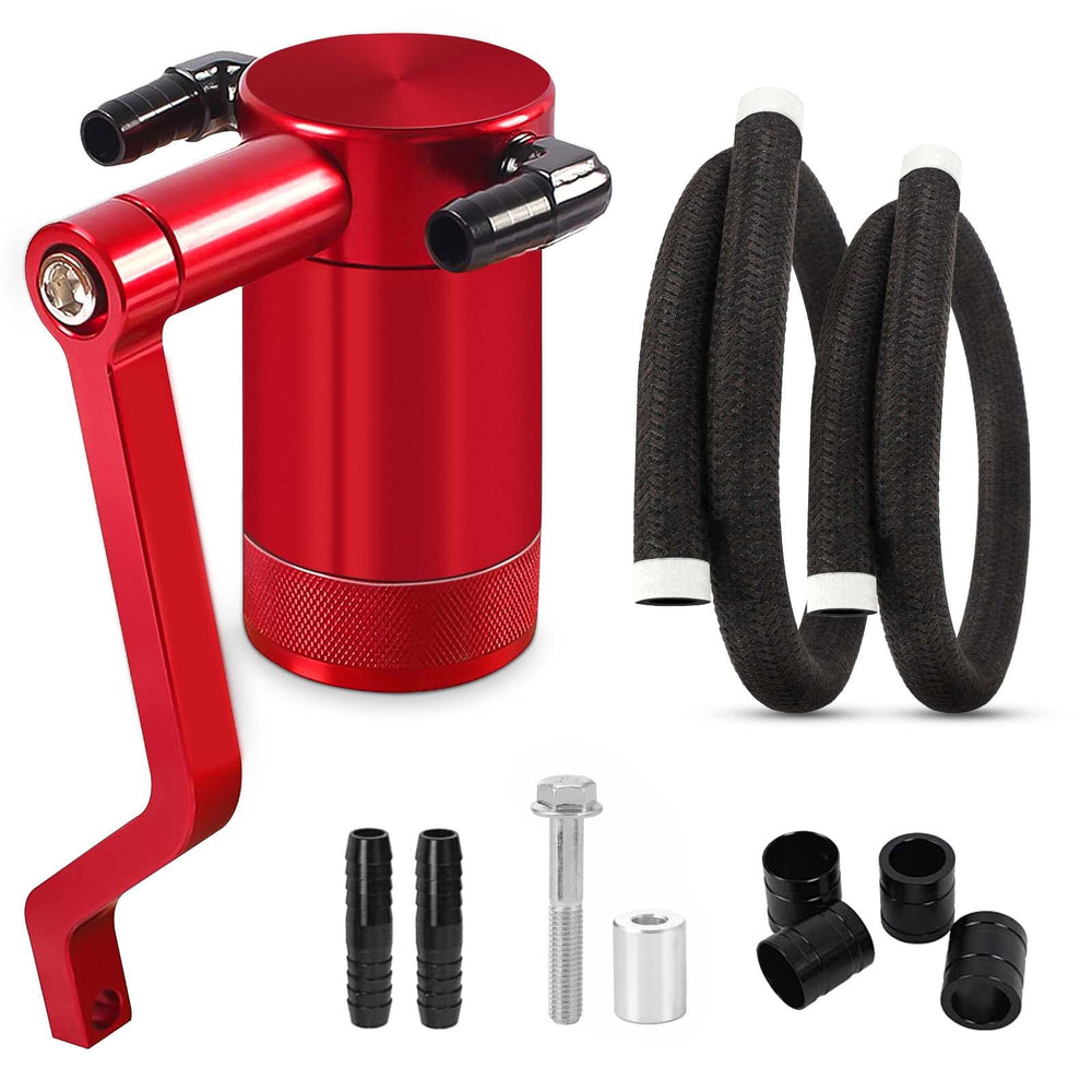 BOMLING front view of red billet catch can showing compact design and intake protection