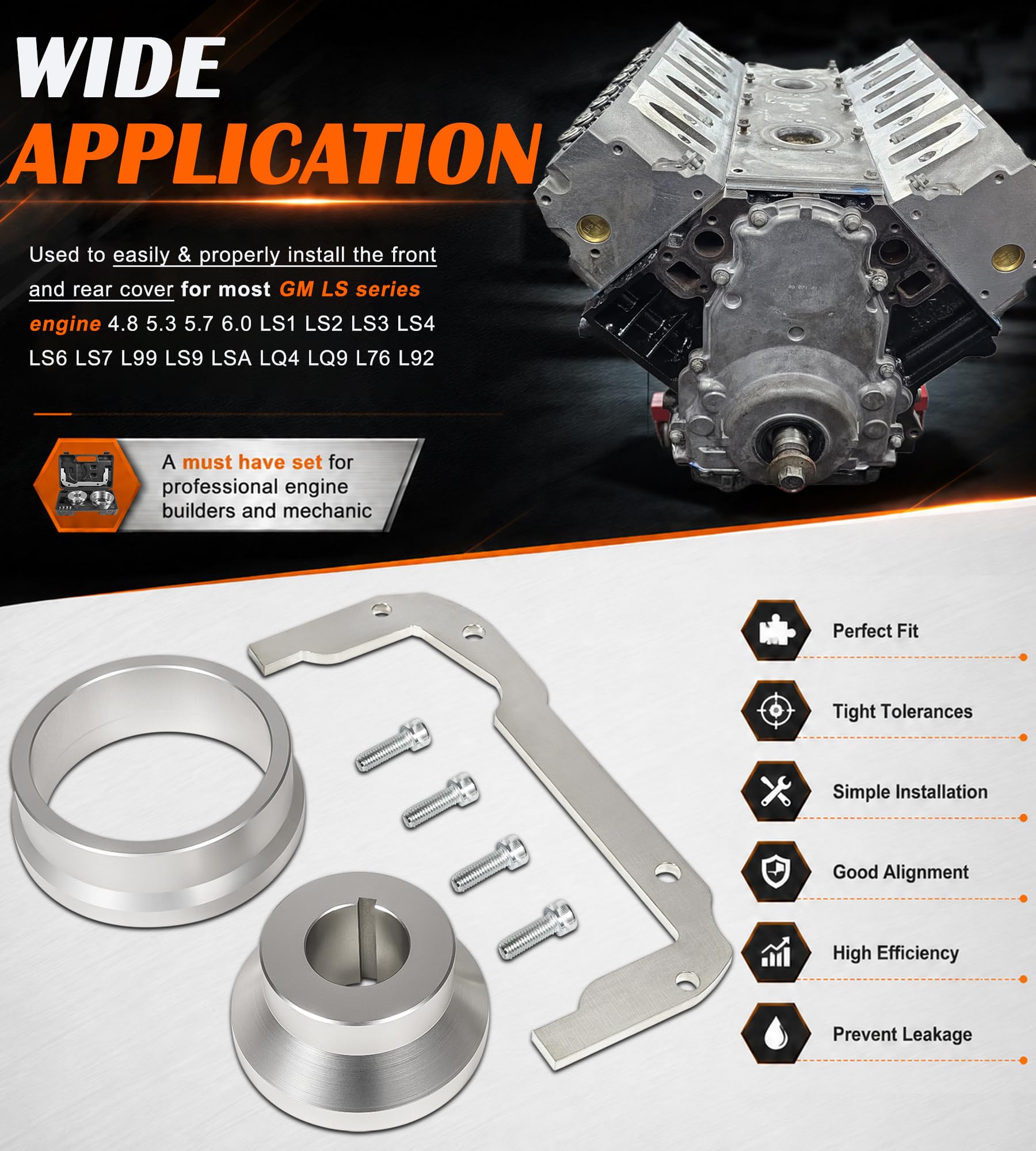 Bonbo oil pan alignment tool installed on an LS engine aiding correct pan centering