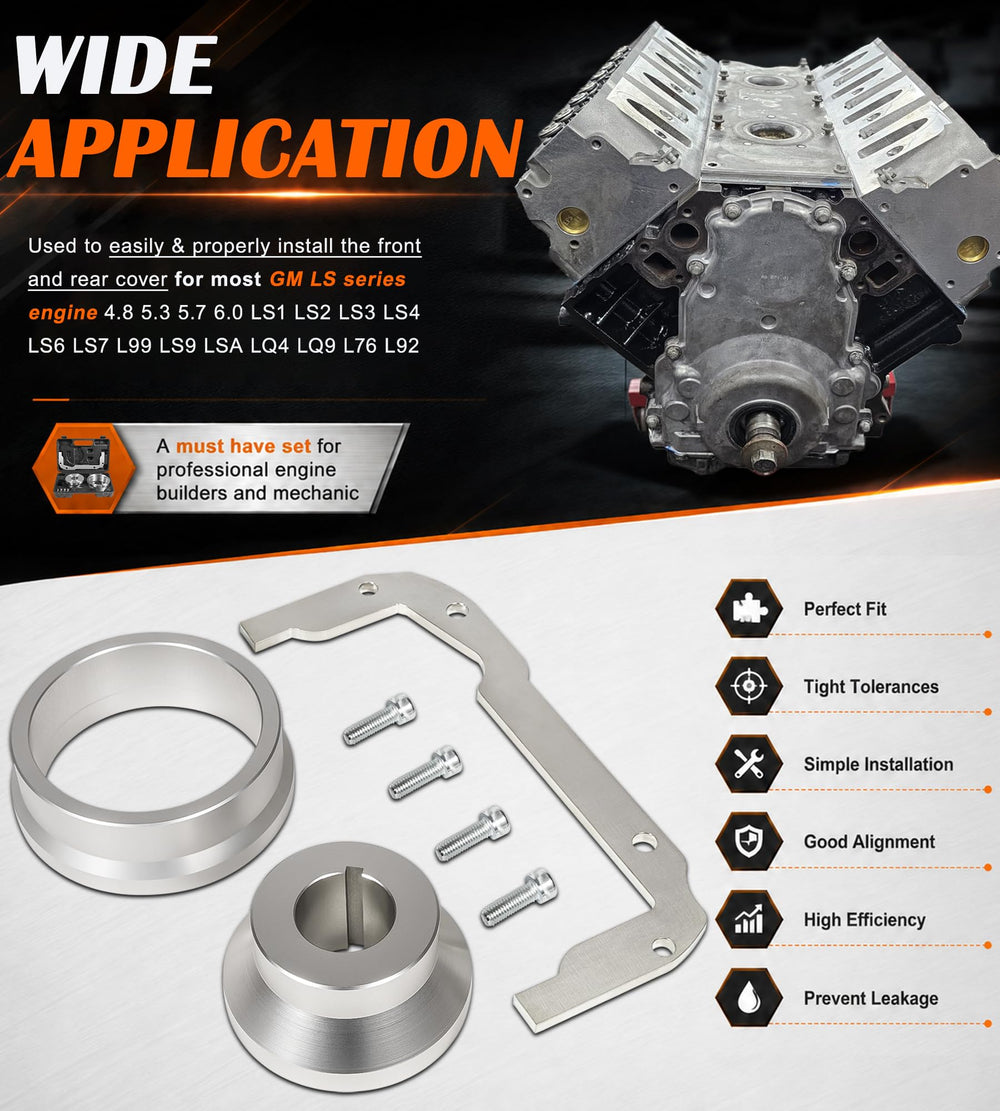 Bonbo oil pan alignment tool installed on an LS engine aiding correct pan centering