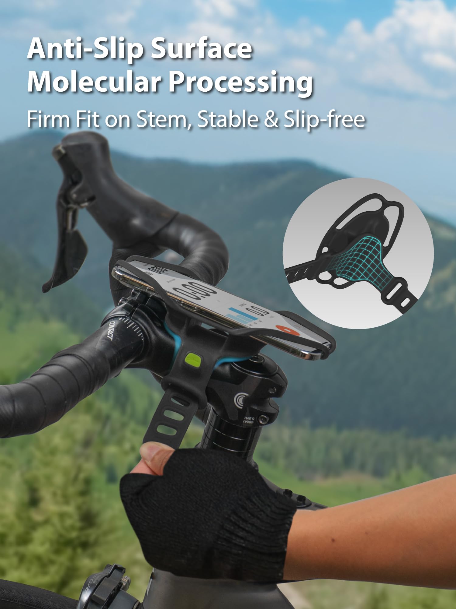 Bone Bike Tie 6 Pro mounted on stem demonstrating stable hands-free access