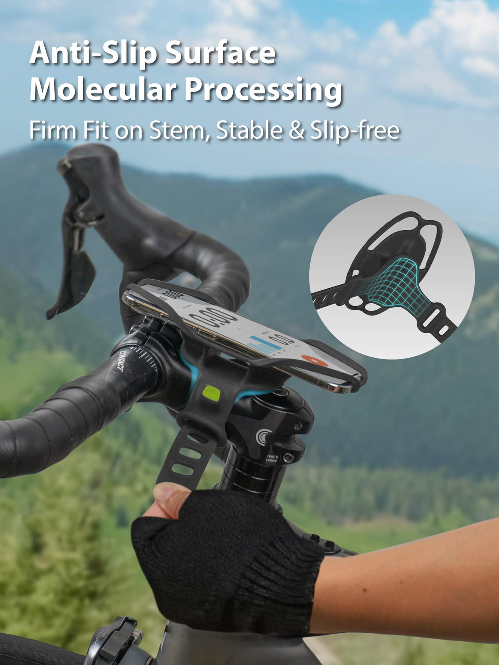 Bone Bike Tie 6 Pro mounted on stem demonstrating stable hands-free access
