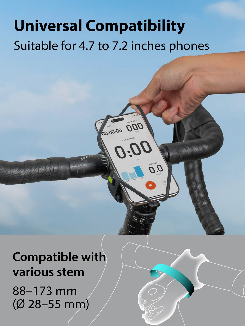 Bone Bike Tie 6 Pro with phone in case showing wide compatibility and protection