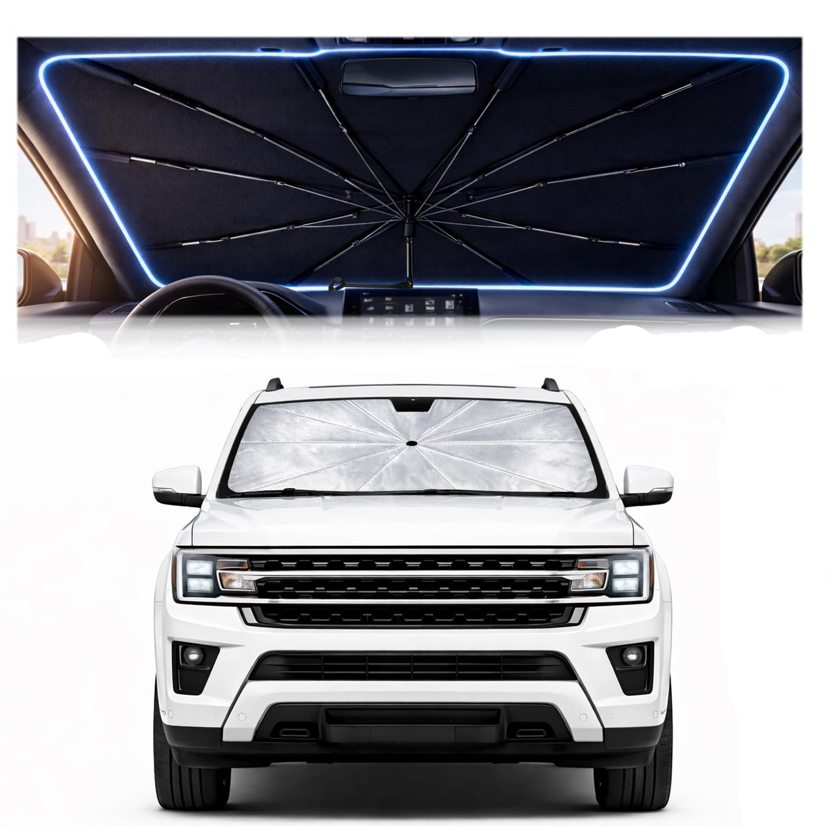 BONULI front view showing custom fit for Ford Expedition and full windshield coverage