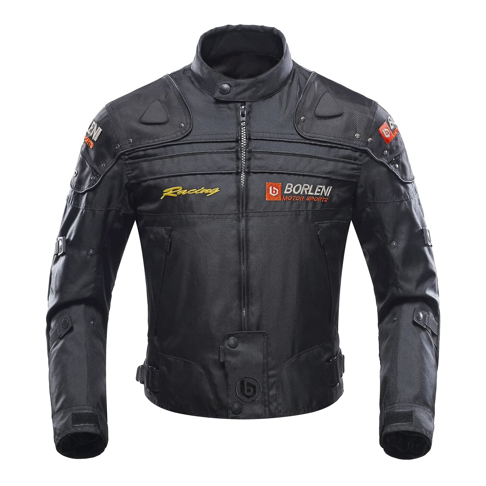 BORLEN front view of jacket showing fit and closures for comfortable riding