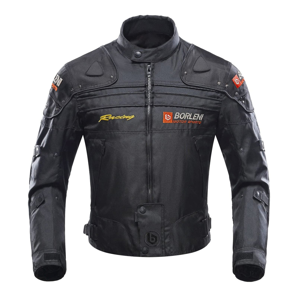 BORLEN front view of jacket showing fit and closures for comfortable riding