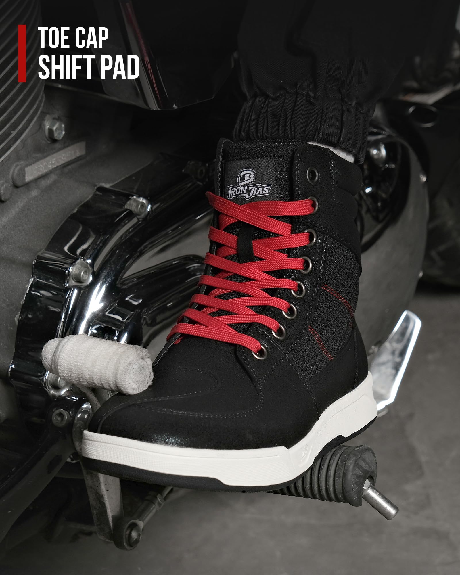 BORLENI gear-shift toe detail showing microfiber protector for durability