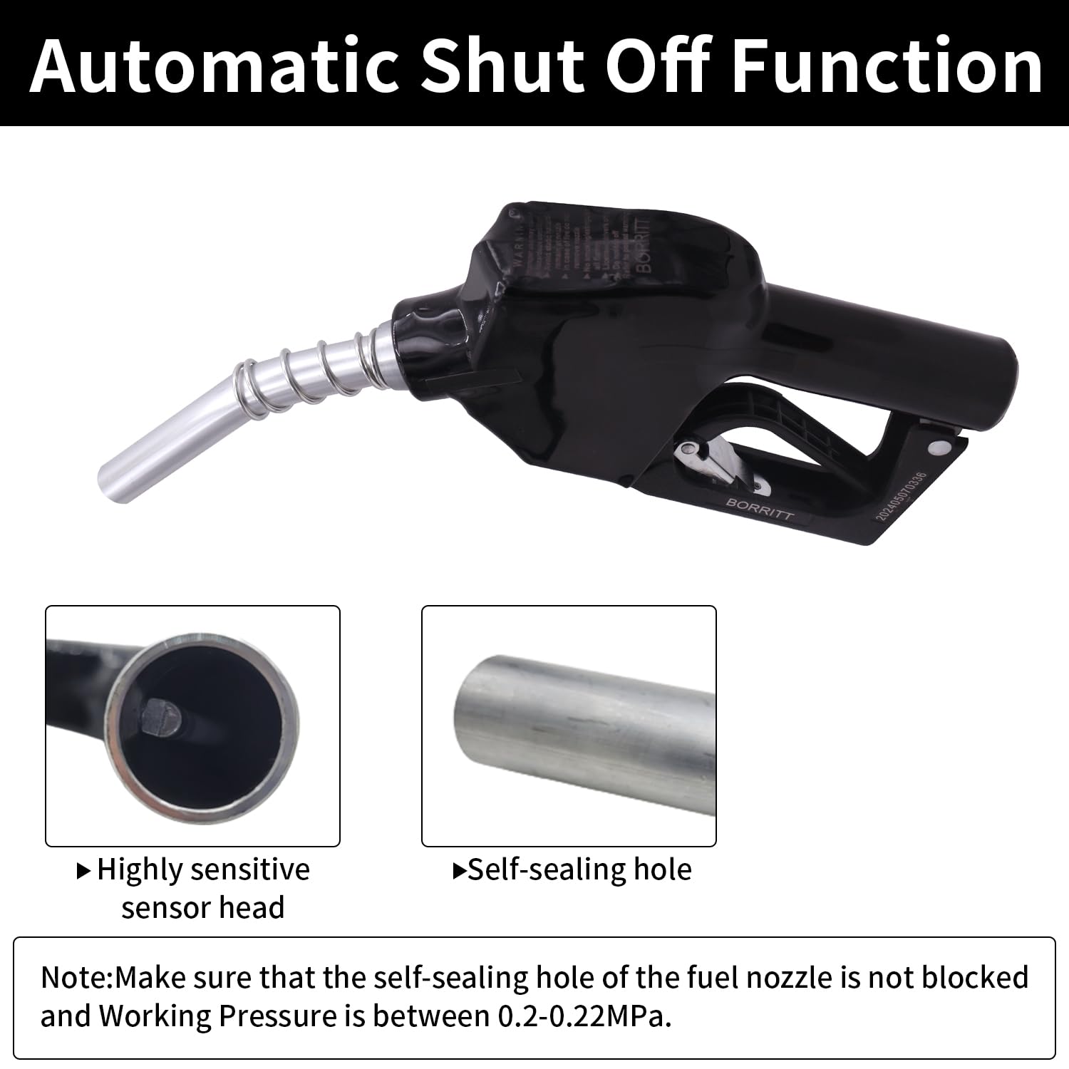 BORRITT nozzle mounted on fuel hose for quick pump-fed refueling
