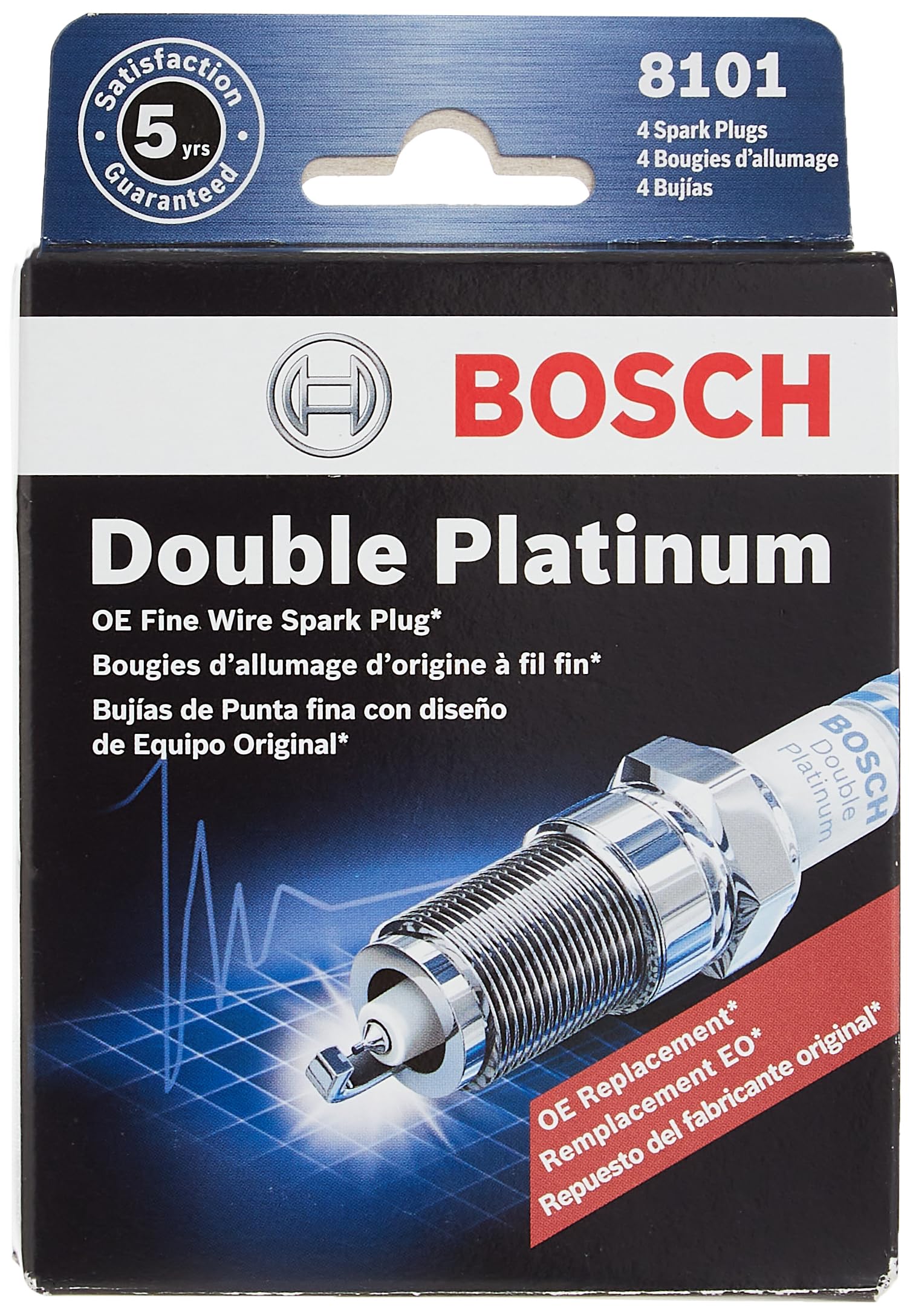 Bosch 8101 front packaging showing pack of four spark plugs and clear labeling for quick identification