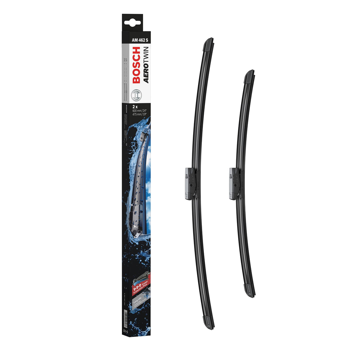 Bosch AeroTwin front packaging showing set of two blades and benefits