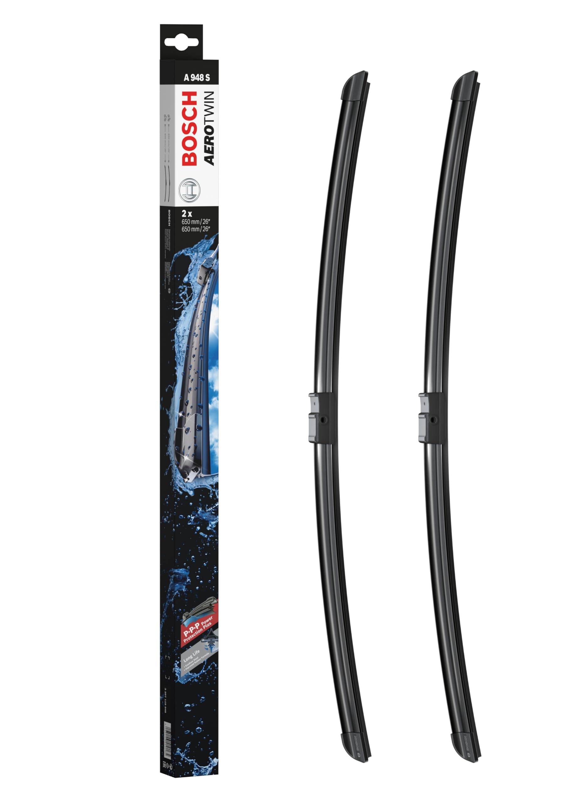 Bosch AeroTwin front packaging showing pair and lengths for quick identification and confidence