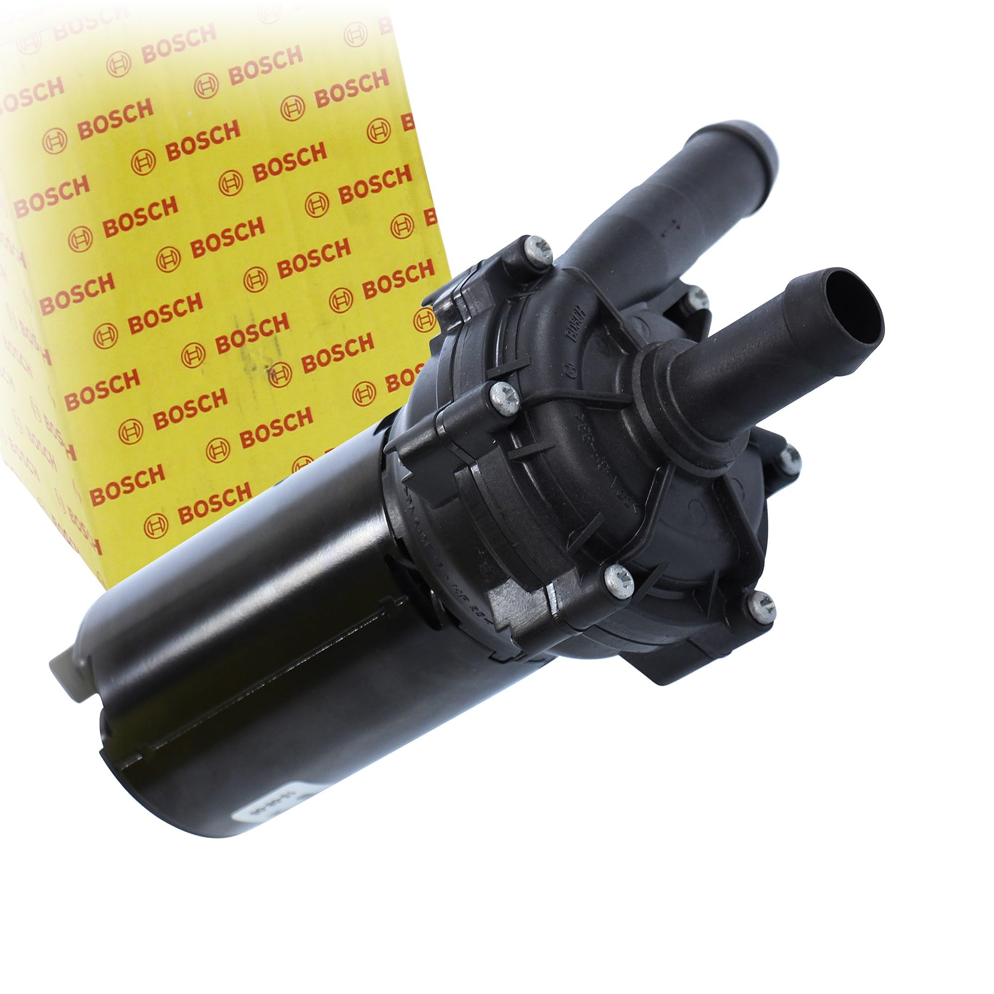 Bosch auxiliary water pump front view showing mounting and inlet for reliable replacement