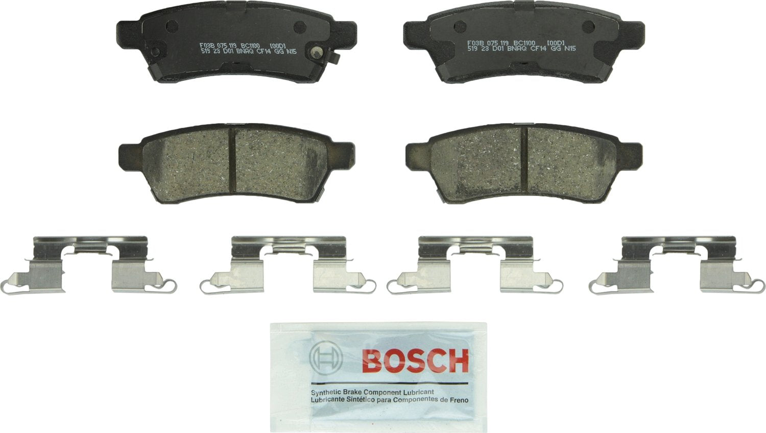 Bosch BC1100 rear axle pads in package showing contents and easy install benefit