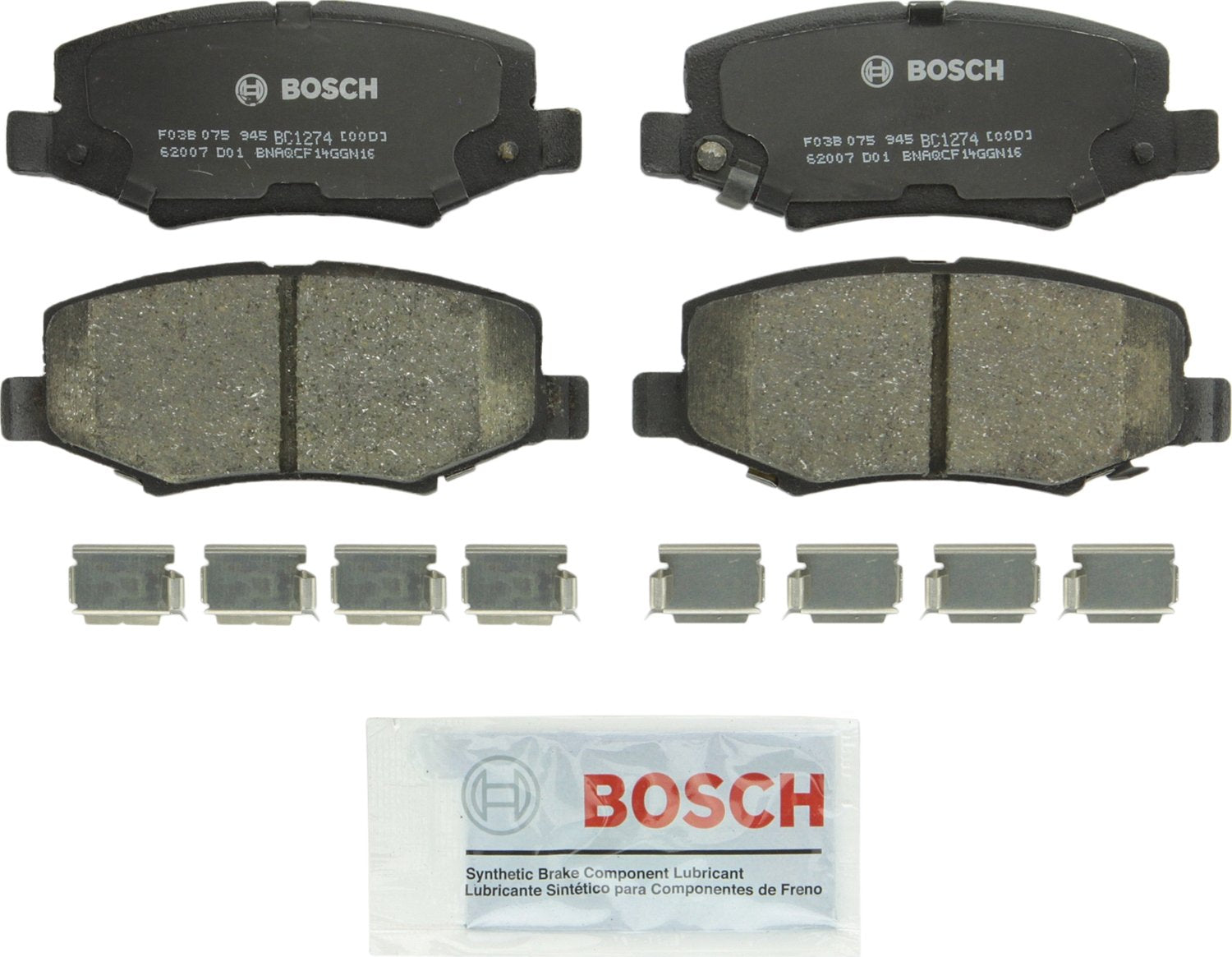 Bosch QuietCast BC1274 rear pads front view showing ready-to-install design and quiet benefit