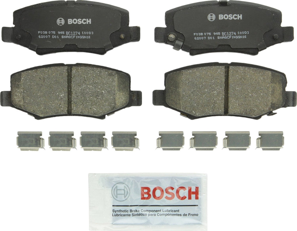 Bosch QuietCast BC1274 rear pads front view showing ready-to-install design and quiet benefit