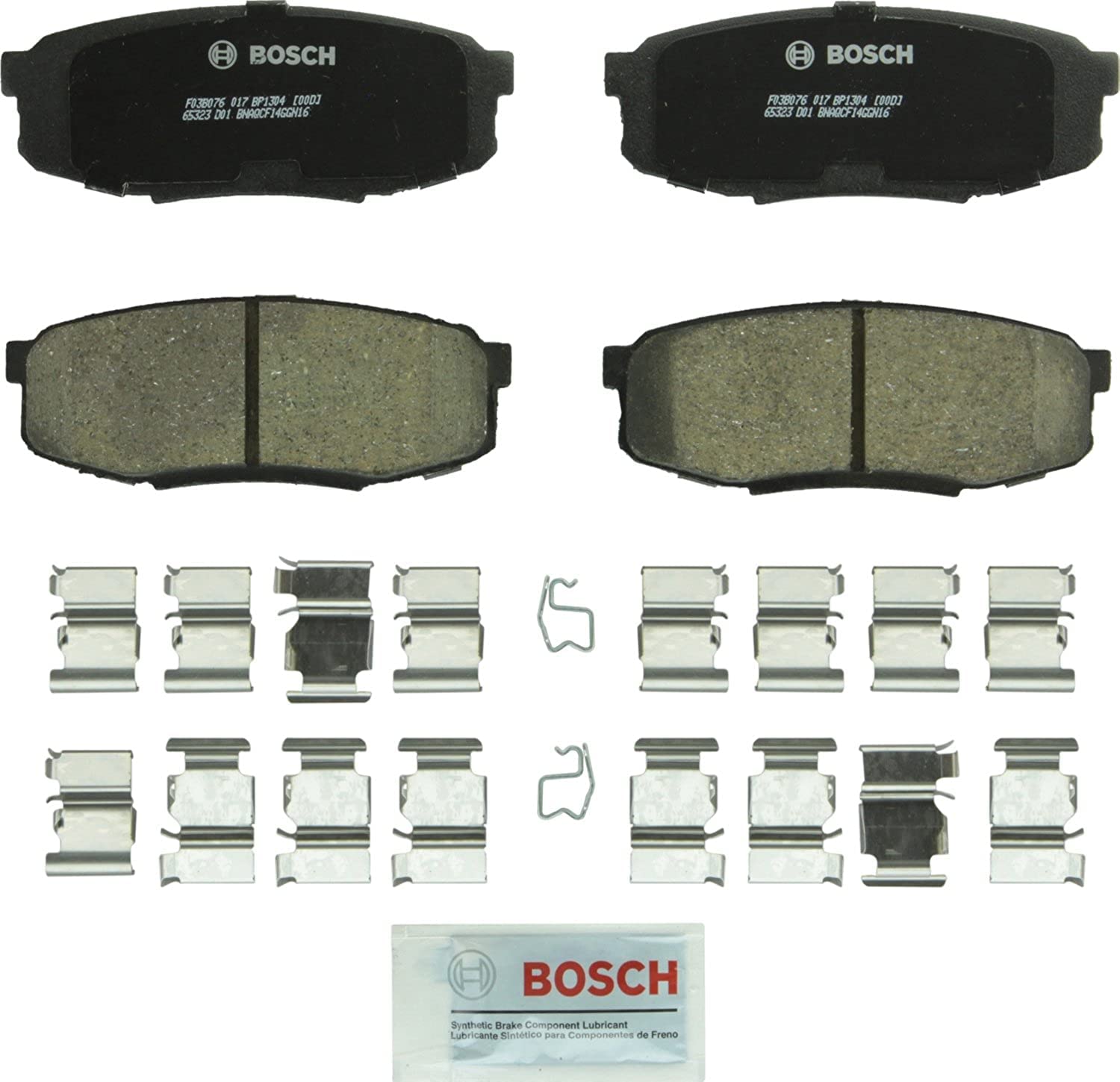 Bosch BC1304 front packaging showing rear pad set and included hardware for easy identification