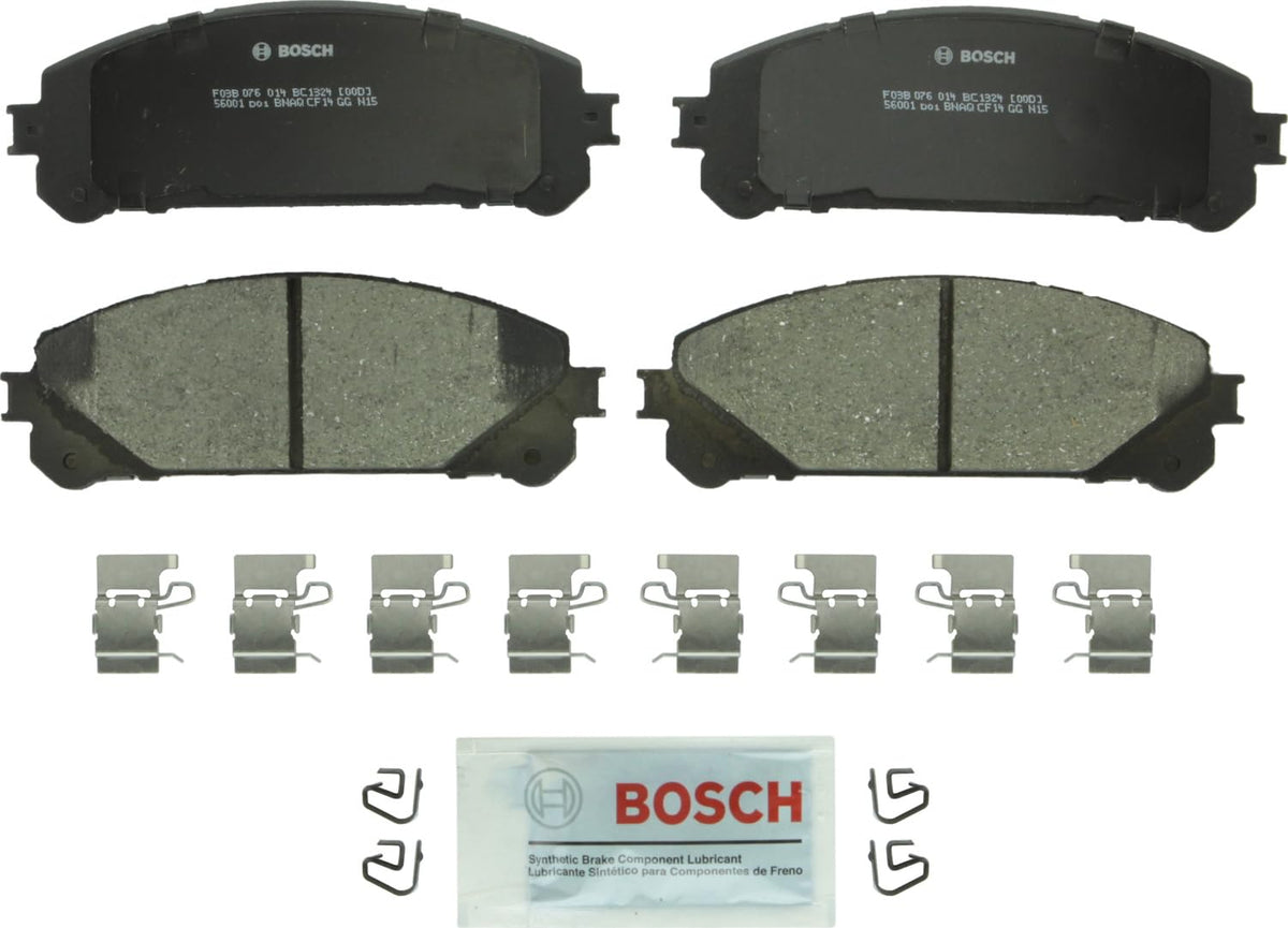Bosch BC1324 front packaging showing complete pad set and hardware, Bosch quality visible