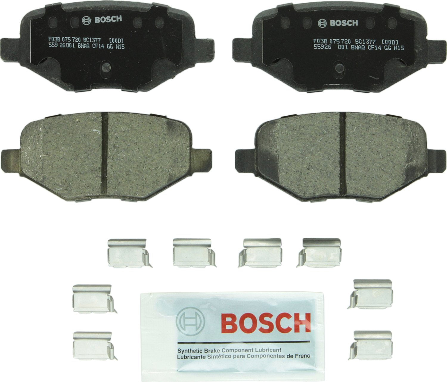 Bosch BC1377 rear packaging showing pad set and included hardware for easy install