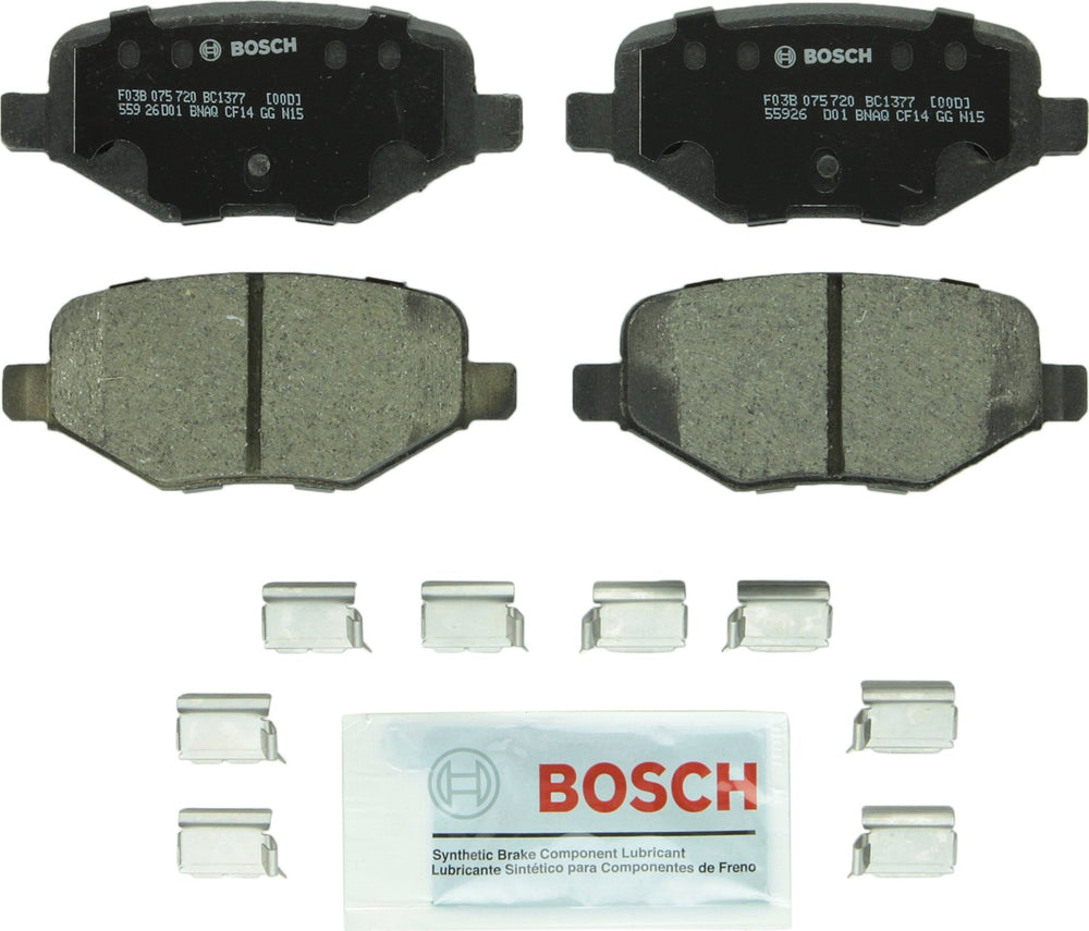 Bosch BC1377 rear packaging showing pad set and included hardware for easy install