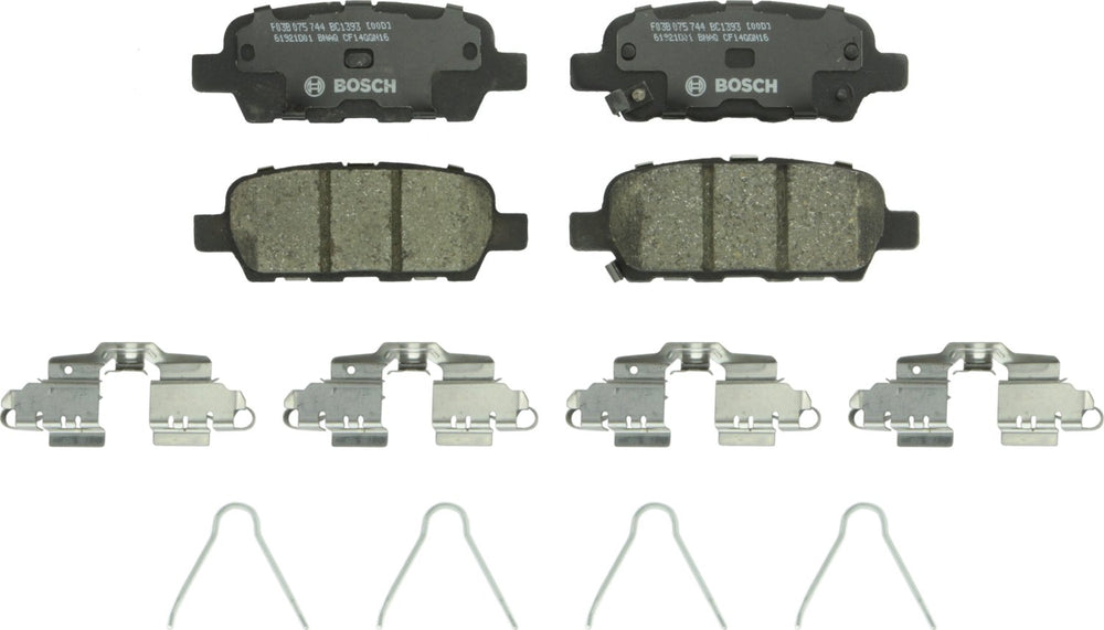 Bosch BC1393 rear packaging showing pads and hardware for easy install and reliable braking