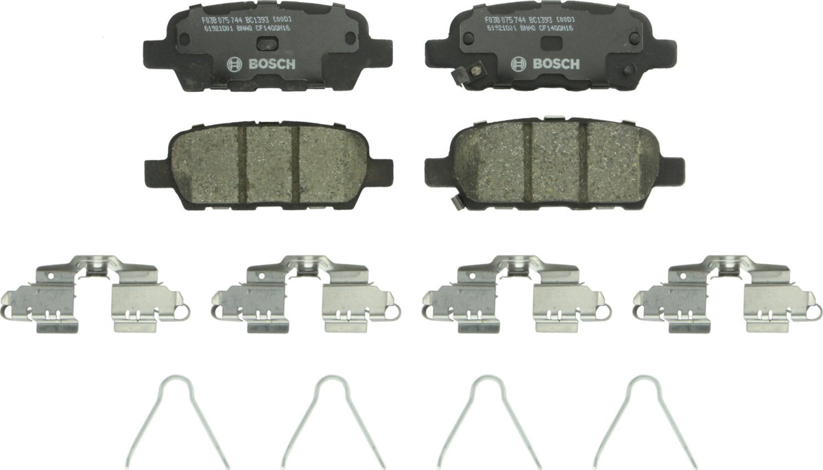 Bosch BC1393 rear packaging showing pads and hardware for easy install and reliable braking