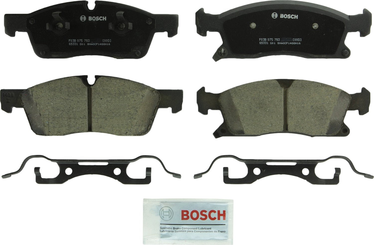 Bosch BC1455 front packaging showing complete pad kit and included hardware for easy install
