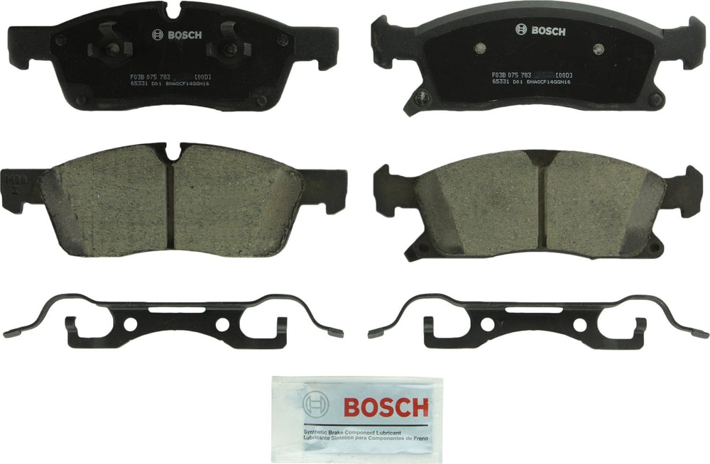 Bosch BC1455 front packaging showing complete pad kit and included hardware for easy install