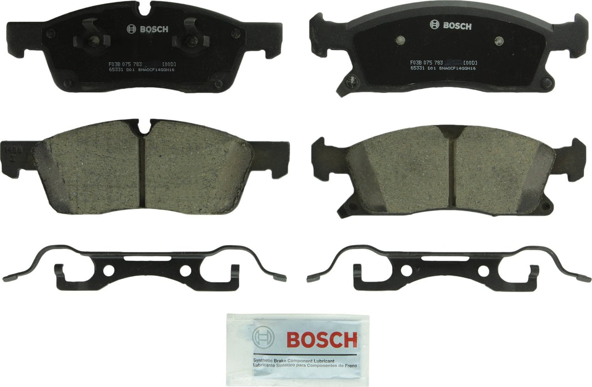 Bosch BC1455 front packaging showing complete pad kit and included hardware for easy install