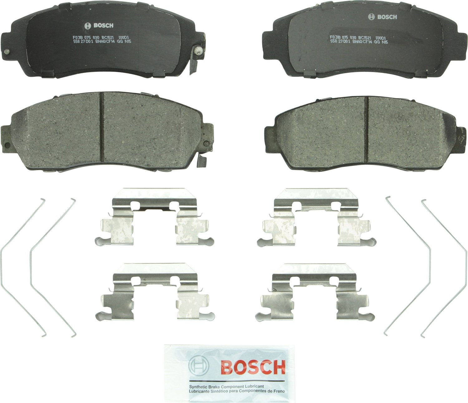 Bosch BC1521 front packaging showing pads and included hardware, improved install speed