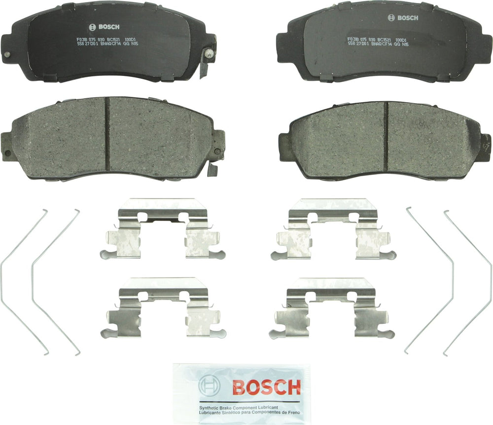 Bosch BC1521 front packaging showing pads and included hardware, improved install speed