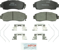 Bosch BC1521 front packaging showing pads and included hardware, improved install speed