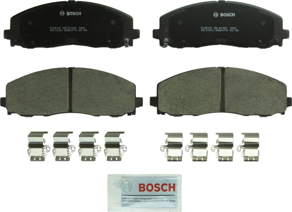Bosch BC1589 front packaging showing pads and hardware, ensuring easier installation
