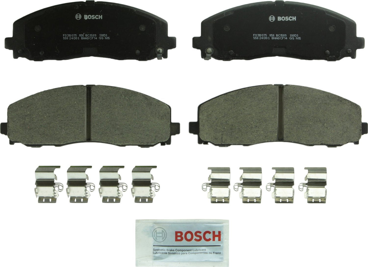 Bosch BC1589 front packaging showing pads and hardware, ensuring easier installation