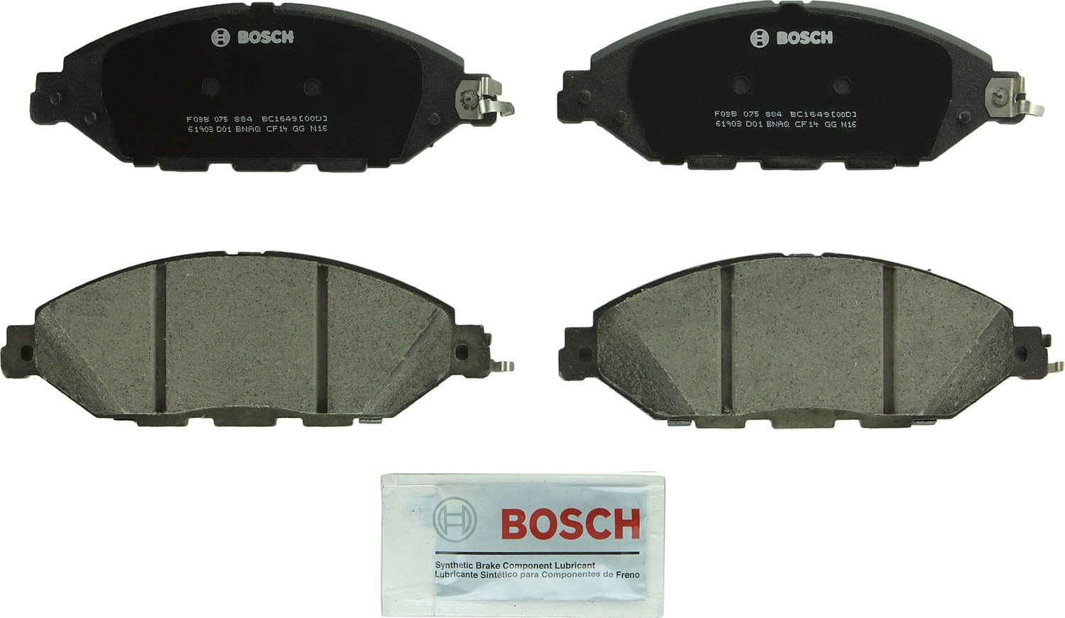 Bosch BC1649 front packaging showing full pad set and hardware, Bosch reliable replacement