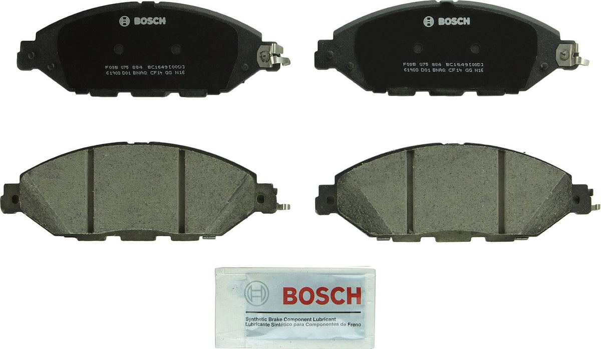 Bosch BC1649 front packaging showing full pad set and hardware, Bosch reliable replacement