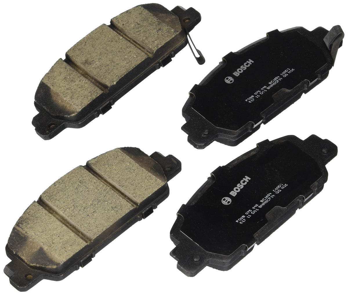 Bosch BC1654 front pad set front view showing pads and hardware for quiet braking benefit