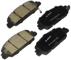 Bosch BC1654 front pad set front view showing pads and hardware for quiet braking benefit