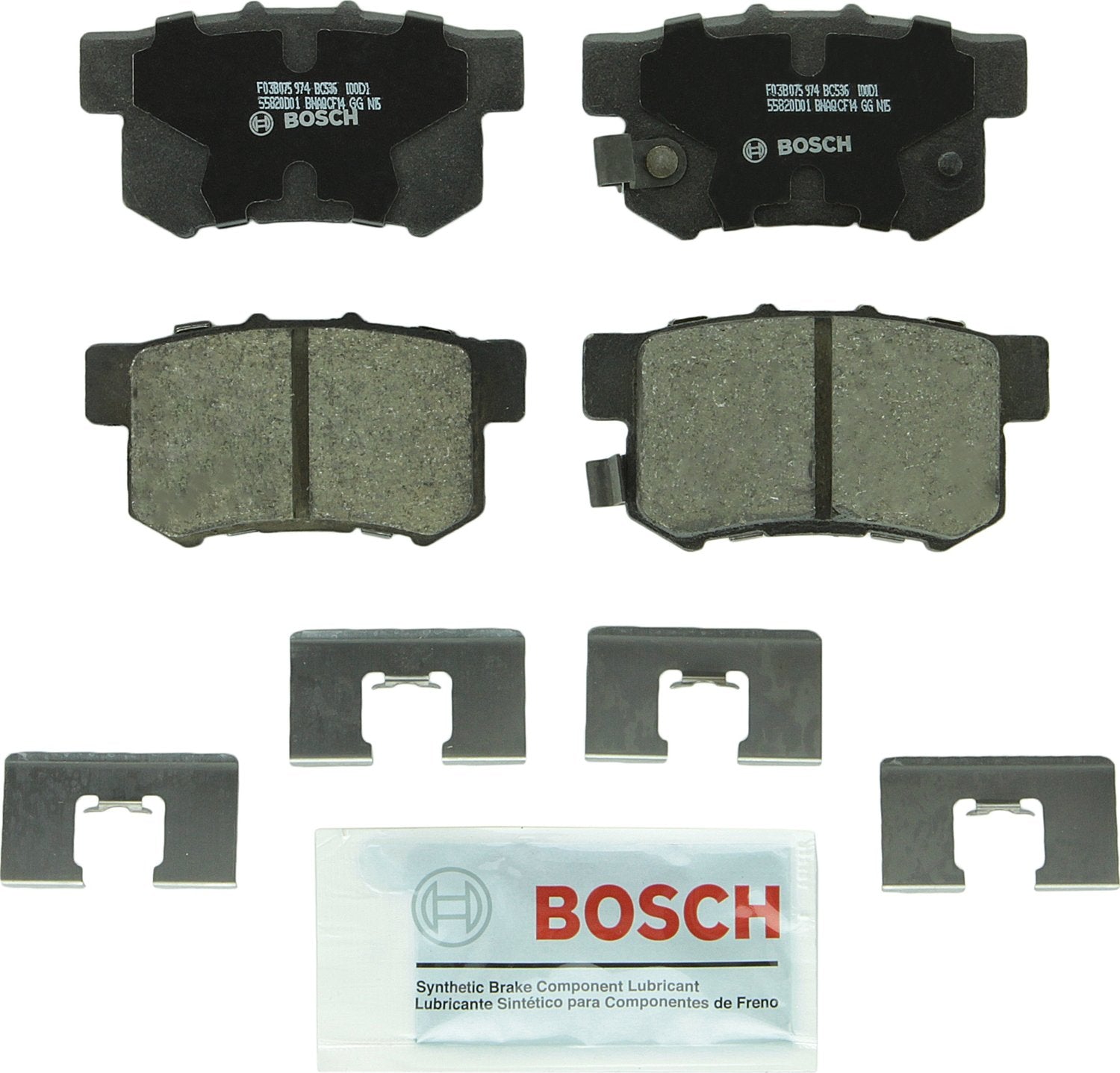 Bosch BC536 rear pad set front view showing pads and hardware, improving installation speed