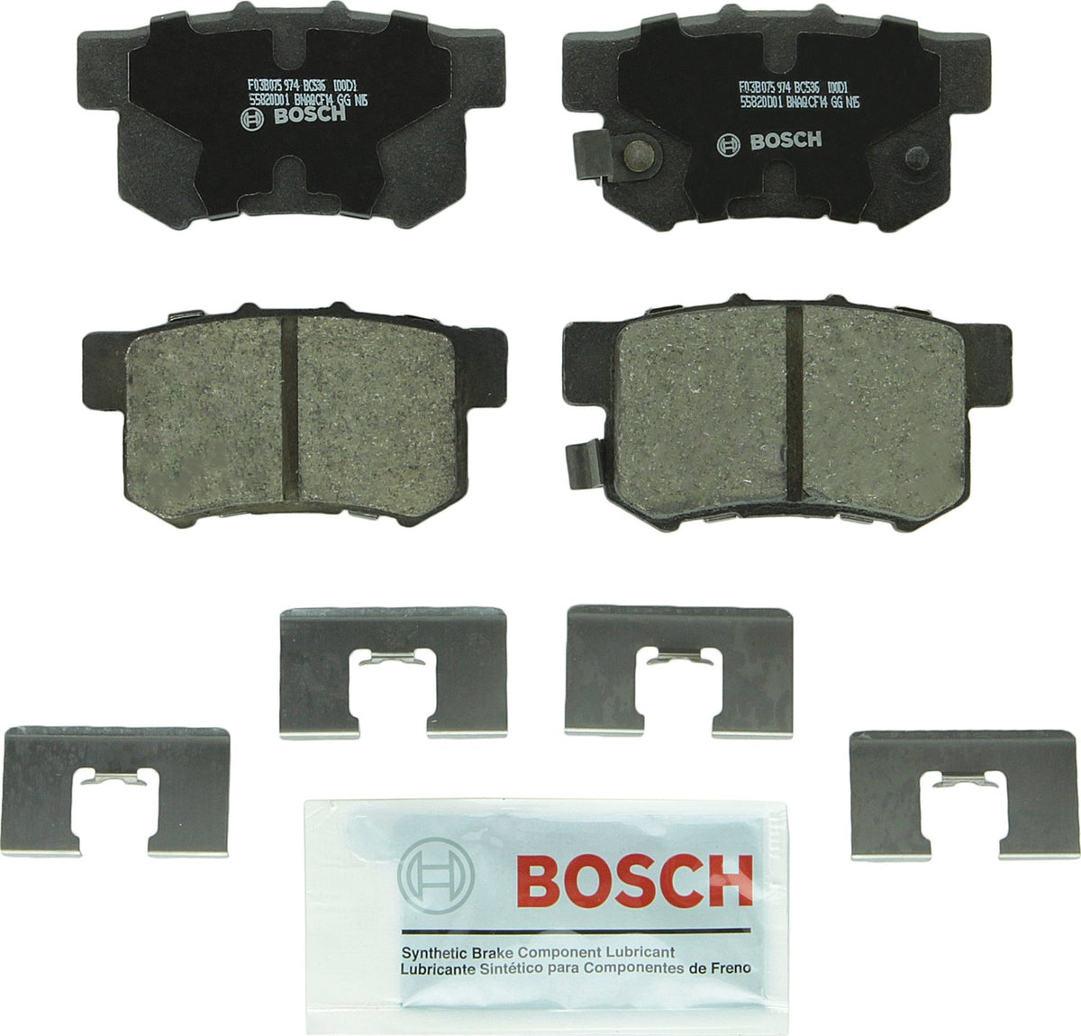 Bosch BC536 rear pad set front view showing pads and hardware, improving installation speed