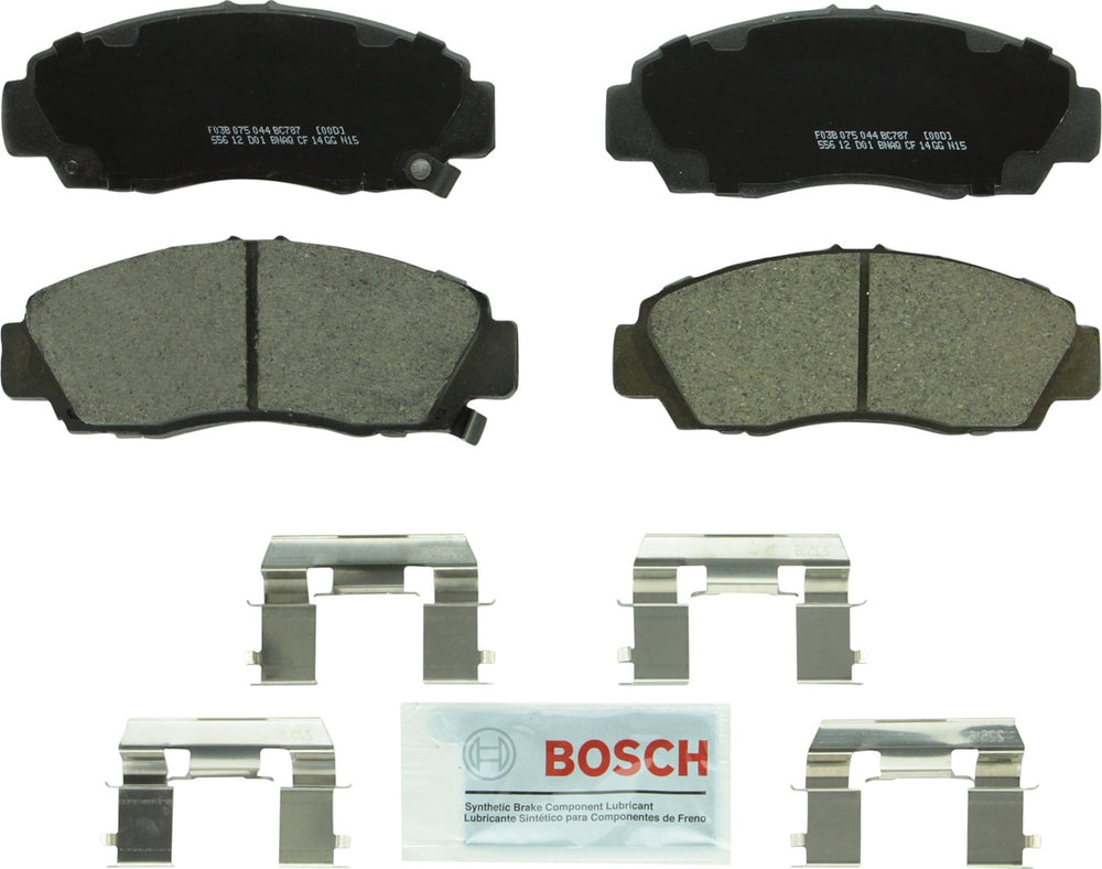 Bosch BC787 front packaging showing complete pad set and hardware for easy identification and fit