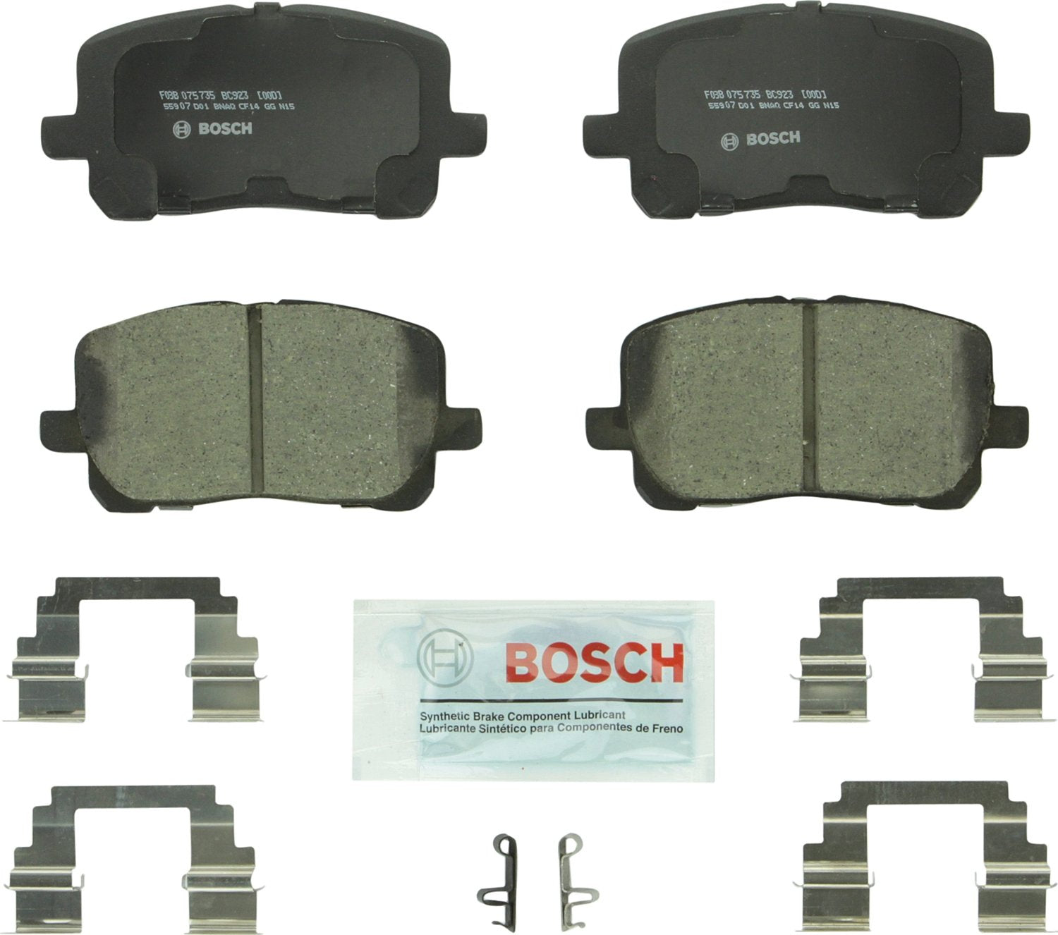 Bosch BC923 front pad set packaging showing included hardware and lubricant for easy installation