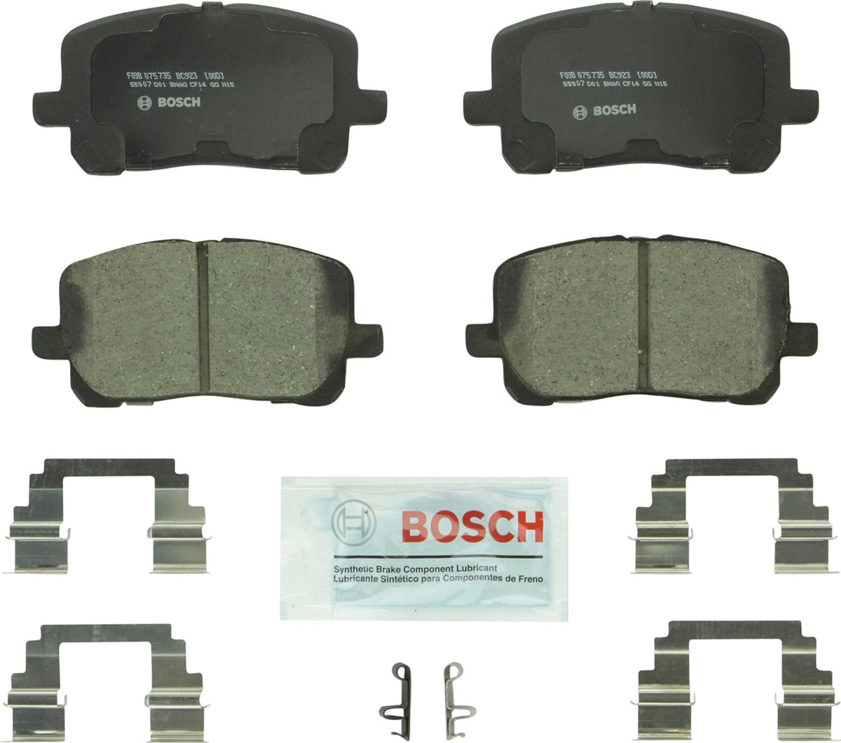 Bosch BC923 front pad set packaging showing included hardware and lubricant for easy installation