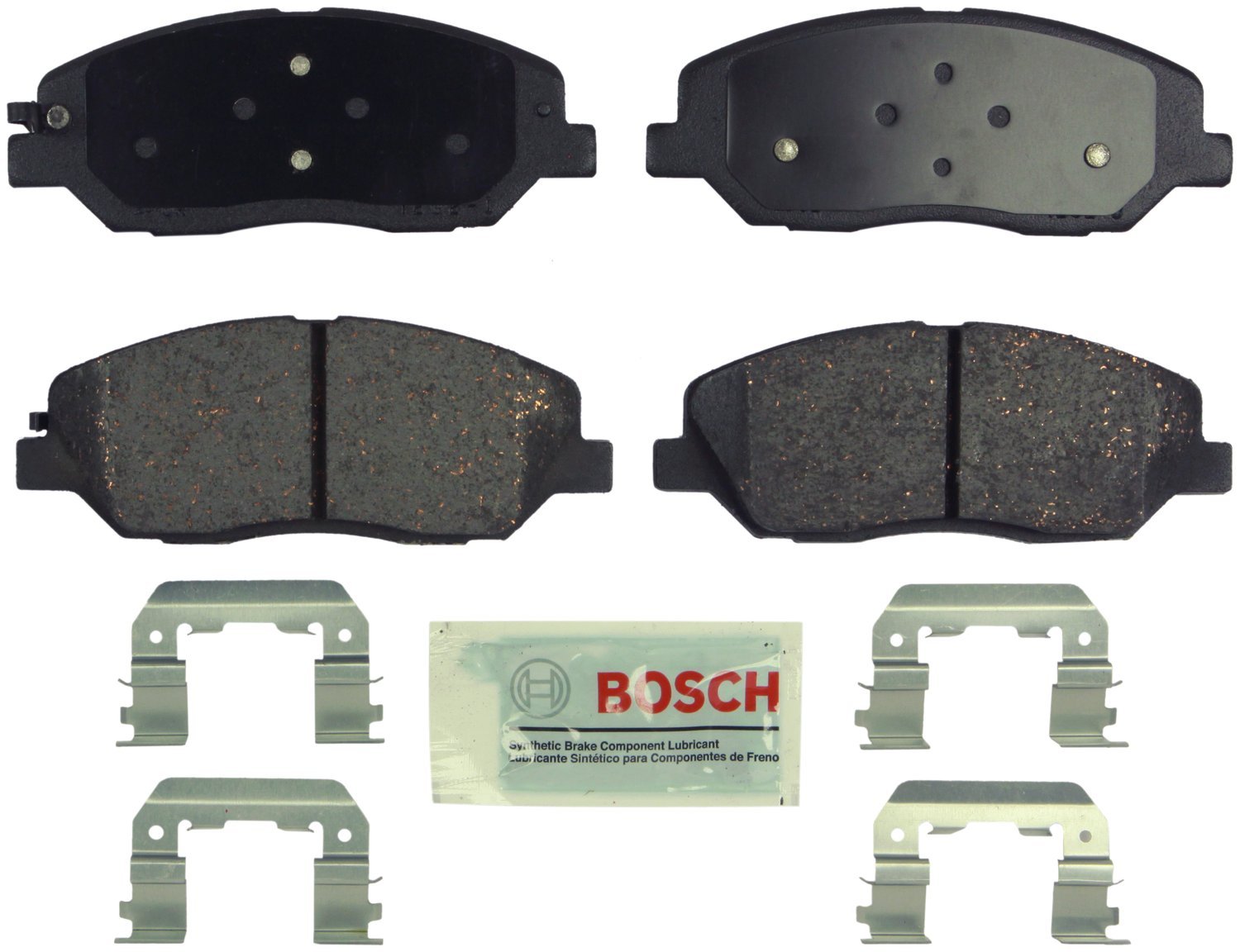 Bosch front brake pad packaging showing sealed kit and included hardware benefit