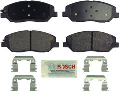 Bosch front brake pad packaging showing sealed kit and included hardware benefit