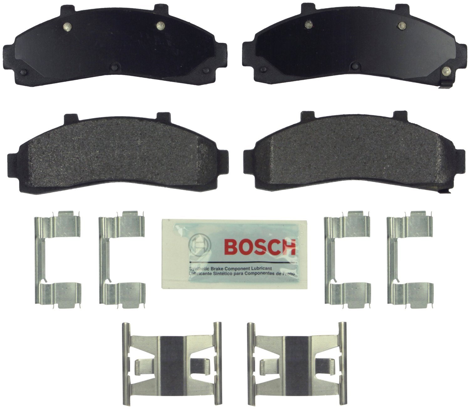 Bosch BE652H front brake pad set in box showing included hardware and shop towel for easy installation