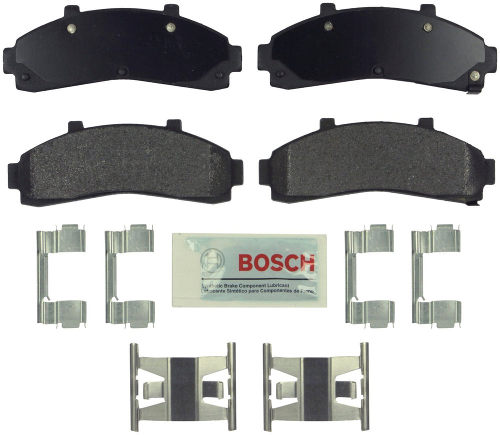 Bosch BE652H front brake pad set in box showing included hardware and shop towel for easy installation