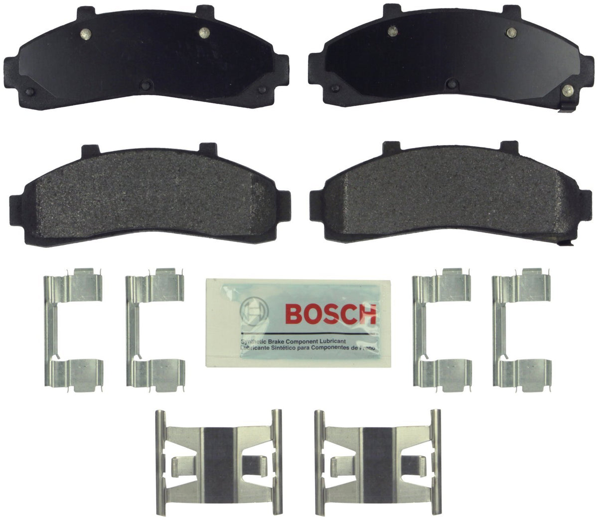 Bosch BE652H front brake pad set in box showing included hardware and shop towel for easy installation