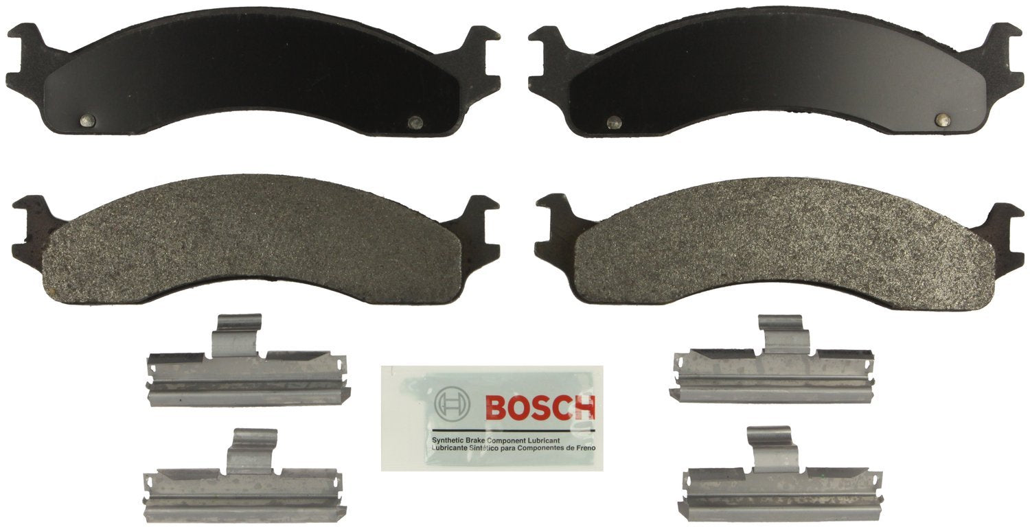 Bosch BE655H front pads and hardware displayed, showing complete axle kit for easy installation