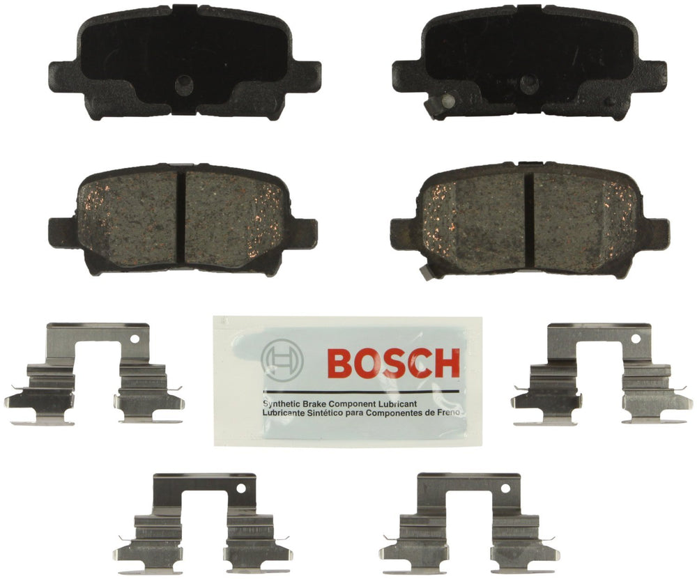 Bosch BE865H front view showing packaged rear pads and included hardware for quick installation