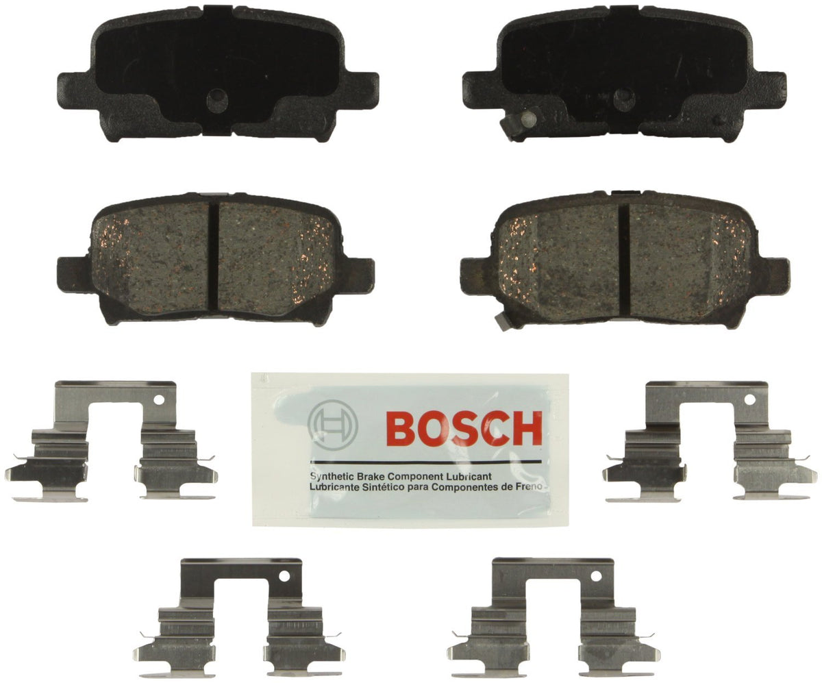 Bosch BE865H front view showing packaged rear pads and included hardware for quick installation